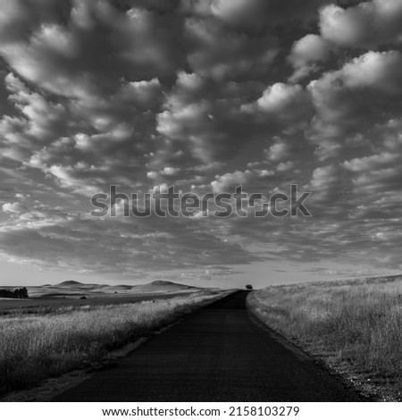 A grayscale of a sunrise over a road with cloudy sky in the background in Cooma, NSW, Australia