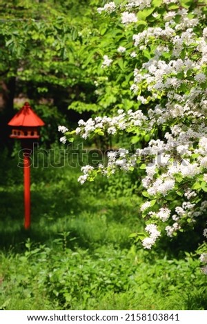 Cute red birdhouse in the beautiful park. Beautiful spring or summer day. Selective focus.