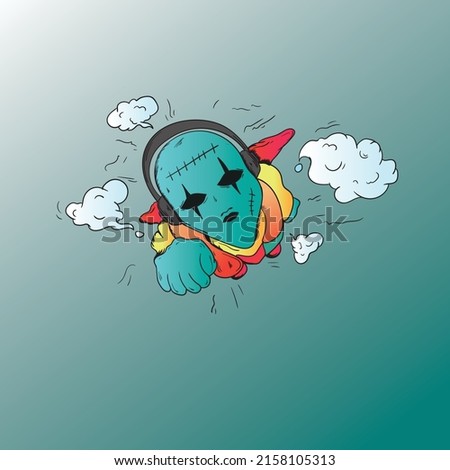 flying zombie using headphone vector illustration. suitable for t-shirt printing and sticker. clouds in the sky.