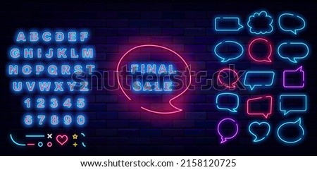 Final sale speech bubble neon sign. Special offer concept. Clouds collection. Shiny blue alphabet. Marketing promotion. Glowing effect banner. Vector stock illustration