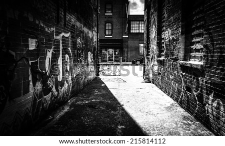 Looking toward Howard Street in the Graffiti Alley, Baltimore, Maryland.