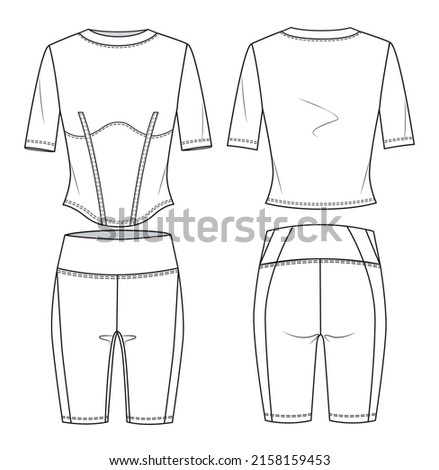 Girl's Short Legging and T-shirt fashion flat sketch template. Women's Active wear Biker Short Technical Fashion Illustration. Women cycling shorts and t-shirt fashion cad, set.