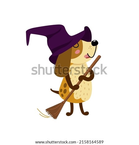 Cute dog in magic hat with broom. Happy puppy is cleaning. Funny pet, cartoon character. Hand drawn vector illustration isolated on white. Flat design