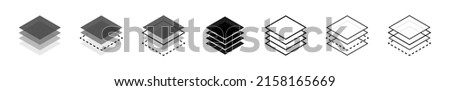 Icons of layers stack. Logos of paper layers line and levels, tiers for web. Fabric floor layers. Symbols of material stack. Vector. Surface levels pictogram, technology for business. Royalty-Free Stock Photo #2158165669
