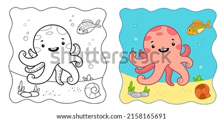 Marine background. Coloring book or Coloring page for kids. Octopus vector illustration clipart