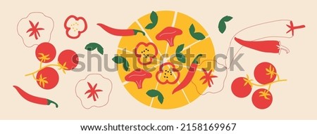 Cute appetizing pizza collection. Decorative abstract horizontal banner with colorful doodles. Hand-drawn modern illustrations with pizza, abstract elements. 