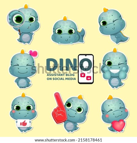 Dino holds a sign with like, shows tap tap and swipe up. Little kid character. Creative stickers for social media blogging. Vector illustration.