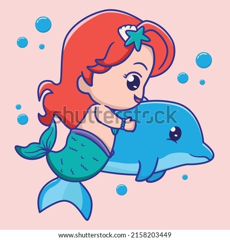 cute mermaid hugging dolphin, for kids fashion artworks, children books, greeting cards. vector illustration.
