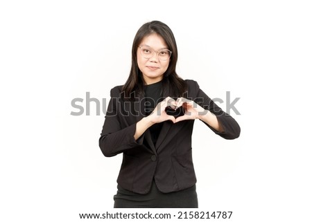 Showing Love Sign Of Beautiful Asian Woman Wearing Black Blazer Isolated On White Background