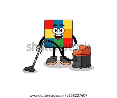 Character mascot of cube puzzle holding vacuum cleaner , character design