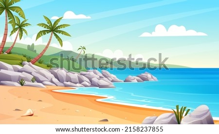 Tropical beach landscape with palm trees and rocks on the seashore cartoon illustration