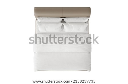 Closeup Top view on beige fabric Bed with white blanket fabric modern contemporary isolate on white background. Royalty-Free Stock Photo #2158239735