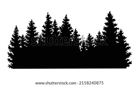 Fir trees silhouette. Coniferous spruce horizontal background pattern, black evergreen woods vector illustration. Beautiful hand drawn panorama with treetops forest Royalty-Free Stock Photo #2158240875