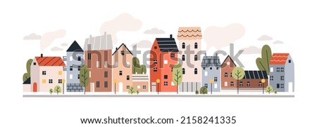 Cute houses, city buildings in Scandinavian style. Cosy town panorama with home exteriors, Scandi architecture. Urban street with chimneys, smoke. Flat vector illustration isolated on white background Royalty-Free Stock Photo #2158241335