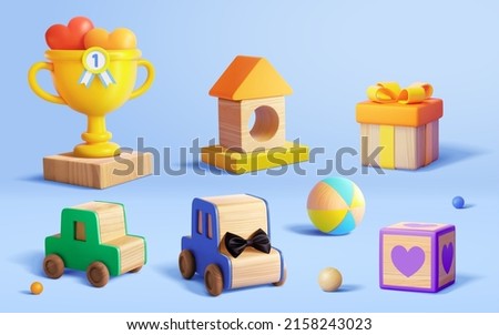 Set of 3d wooden toys isolated on blue background, including trophy, house blocks, gift box, toy cars, cube block and balls. Royalty-Free Stock Photo #2158243023