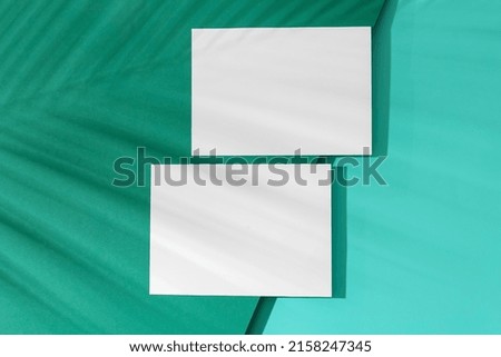 Blank sheets of paper with palm leaf shadow on color background