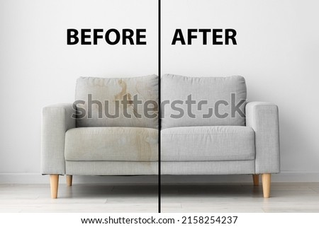 Sofa before and after dry-cleaning in room Royalty-Free Stock Photo #2158254237