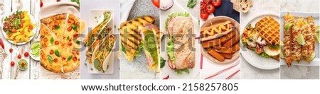 Collection of traditional fast food on light background, top view