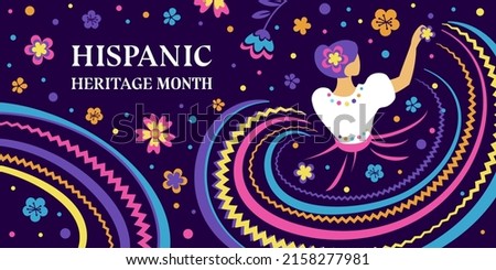 Hispanic heritage month. Vector web banner, poster, card for social media, networks. Greeting with national Hispanic heritage month text, flowers and dancing woman on floral pattern background Royalty-Free Stock Photo #2158277981