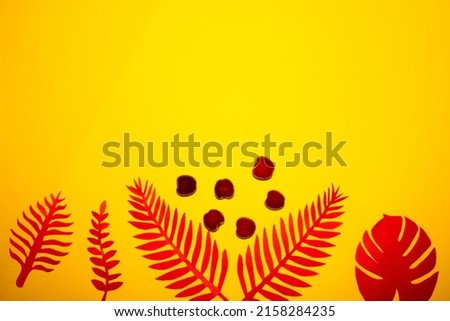 yellow background at the bottom of the background cherry and tropical red paper leaves, copy space above, creative summer tropical design