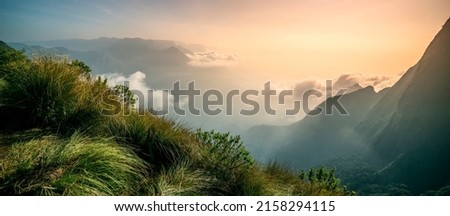 Foggy landscape in the mountains during sunrise, amazing nature view from Kolukkumalai Munnar, Kerala travel and tourism concept image, selective focus 	
