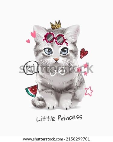 little princess slogan with cute kitten with colorful sequin icons vector illustration