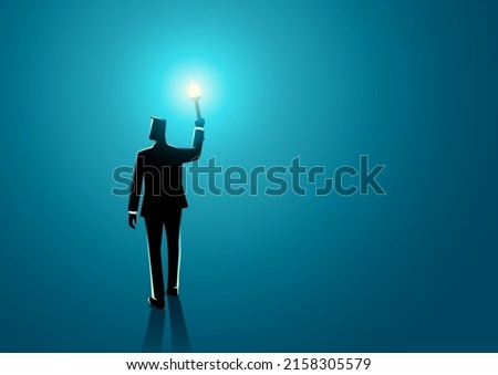 Business concept of businessman walking in the dark holding a torch, vector illustration