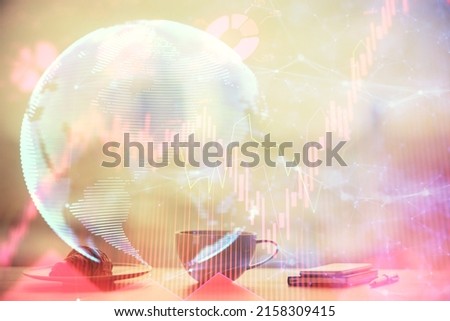 Double exposure of financial theme drawing hologram over coffee cup background in office. Concept of international business.