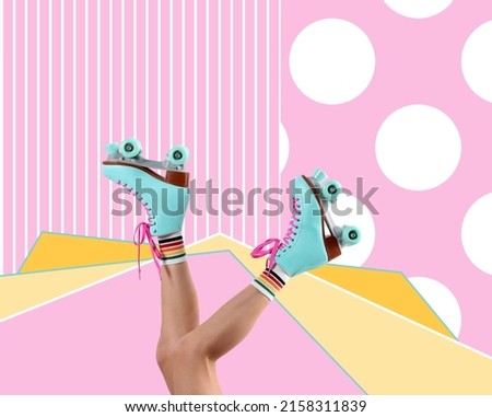 Young woman with retro roller skates on colorful background, closeup. Bright stylish design