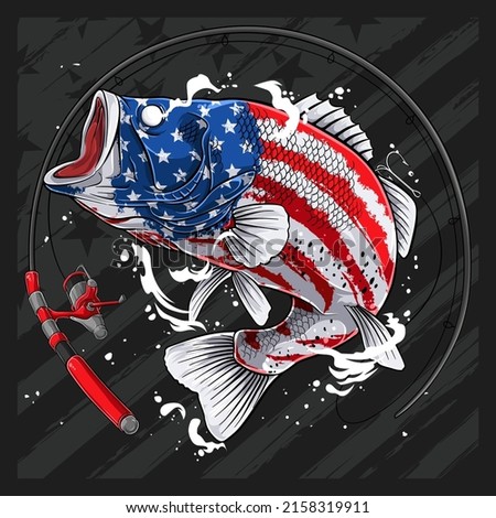 Largemouth bass fish in USA flag pattern for 4th of July American independence day and Veterans day