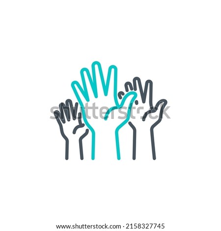 group of human hands raised up vote single line icon isolated on white. Perfect outline symbol voting by show palm. volunteers community unanimously raised up hands design element with editable Stroke Royalty-Free Stock Photo #2158327745