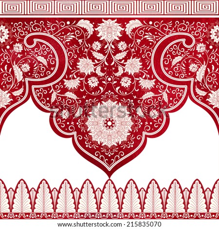 Set of vector seamless borders. Imitation of chinese porcelain painting. Red watercolor background. Hand drawing.