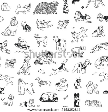 Dogs funny pets vector line seamless pattern