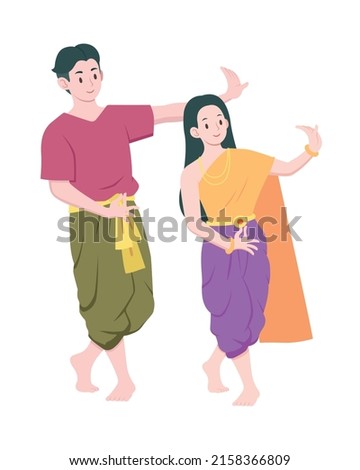 Flat style couple perform Thai folk dance cartoon illustration Royalty-Free Stock Photo #2158366809
