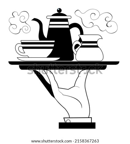 Tray with coffeepot, cup and cream are on the tray.
Hand of the waiter holding a tray with coffeepot, cup and cream black on white background
