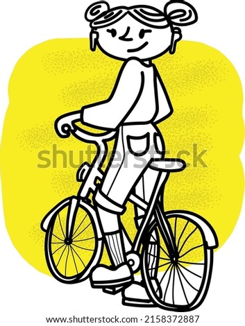 a young girl on a bicycle on a walk with headphones in striped socks sketch for a magazine