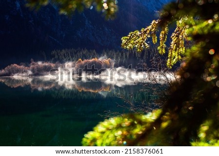 Alpine Fusine Upper Lake  Environment in Julian Italian Alps in First Morning lights