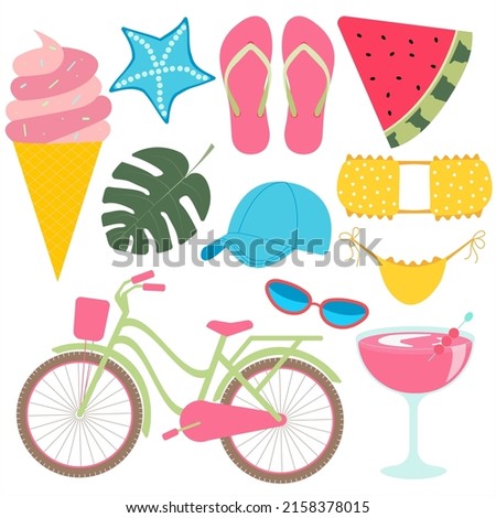 Set of summer elements. Tropical collection of summer objects. Bicycle, cocktail, ice cream, palm tree leaf