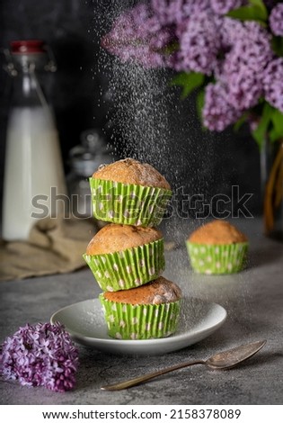 Food photography of cupcakes, lilac, milk, sugar powder

