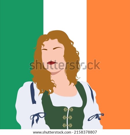 vector illustration portrait Ireland woman in national costume on the background of the traditional flag a vertical tricolour of green, white and orange