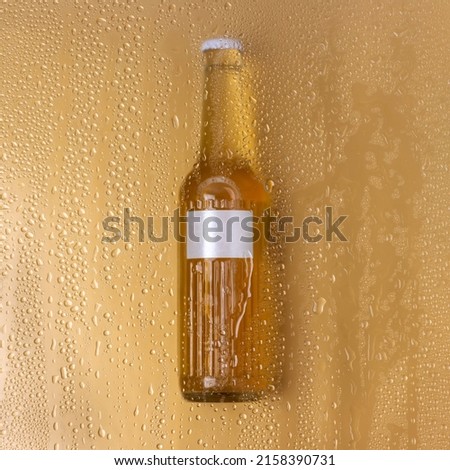 Glass transparent bottle with blank label and liquid similar to lemonade, beer or kombucha behind the glass with drops on a golden background. Trendy still life photo for product design 