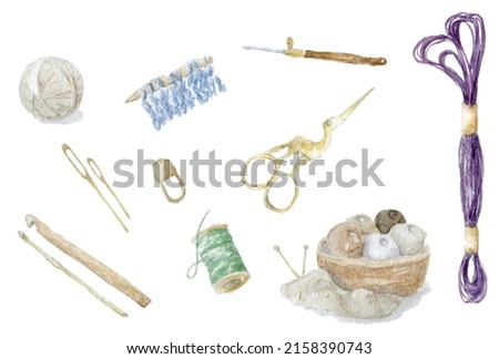 Watercolor set of knitting tools. Hook, thread, wool, knitting, knitting needles, scissors. Delicate clipart with hobby items, isolated on a white background. Home creativity.