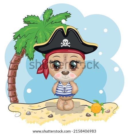 Teddy bear pirate, cartoon character of the game, wild animal in a bandana and a cocked hat with a skull, with an eye patch. Character with bright eyes on the beach with palm trees