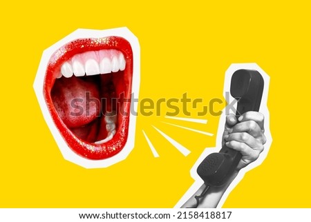 Modern art collage. A crazy mouth screams instead of a head. A human hand with a phone. The concept of human relations.