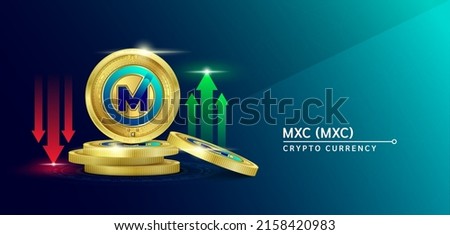 MXC token cryptocurrency banner. Future currency on blockchain stock market with red-green arrows up and down. Gold coins crypto currencies. Banner for news on a solid background. 3D Vector.