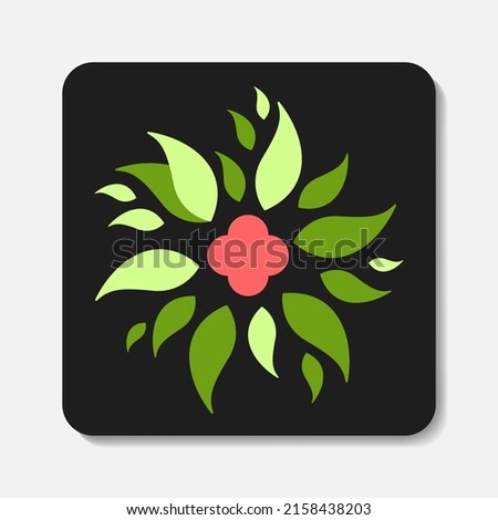 Flower flat icon. Stylized red flower with green leaves on black background. Best for web, print, logo creating and branding design.