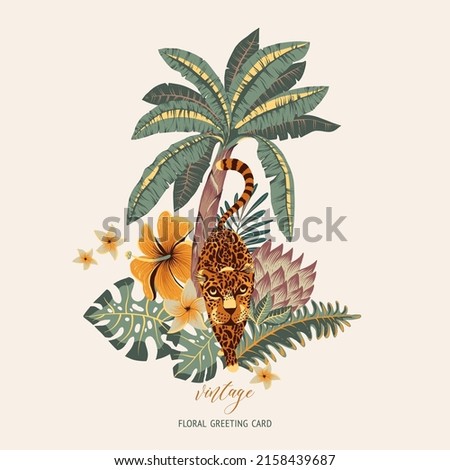 Tropical vector greeting card. Tiger, palm trees, green leaves, monstera, exotic flowers summer illustration