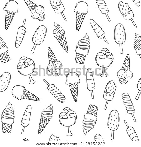 Hand drawn seamless pattern of ice cream doodle.  Sweet desserts: eskimo, waffle cone in sketch style.  Vector illustration for cafe or restaurant menu, birthday card
