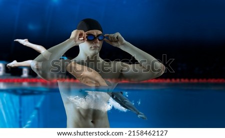 Professional man in swimming pool. Sports banner. Horizontal copy space background