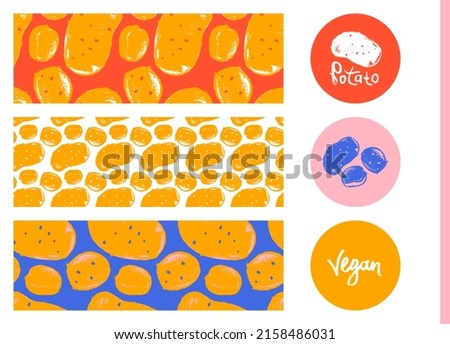 Vector potatoes pattern seamless. Hand drawn potato drawings, root vegetable illustration. Vegetarian restaurant banner. Botanical background for food label, chips packaging. Organic food concept. Royalty-Free Stock Photo #2158486031